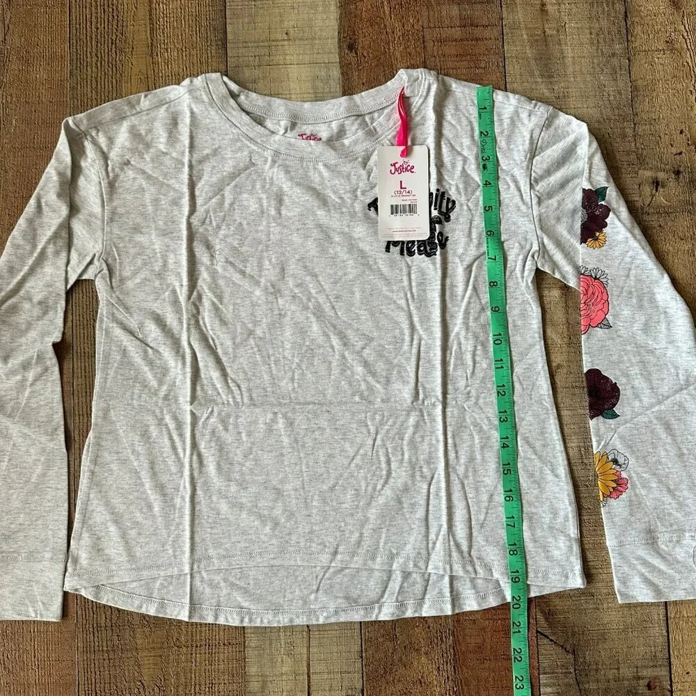 Justice girls size large long sleeve graphic tee shirt in gray with glitter